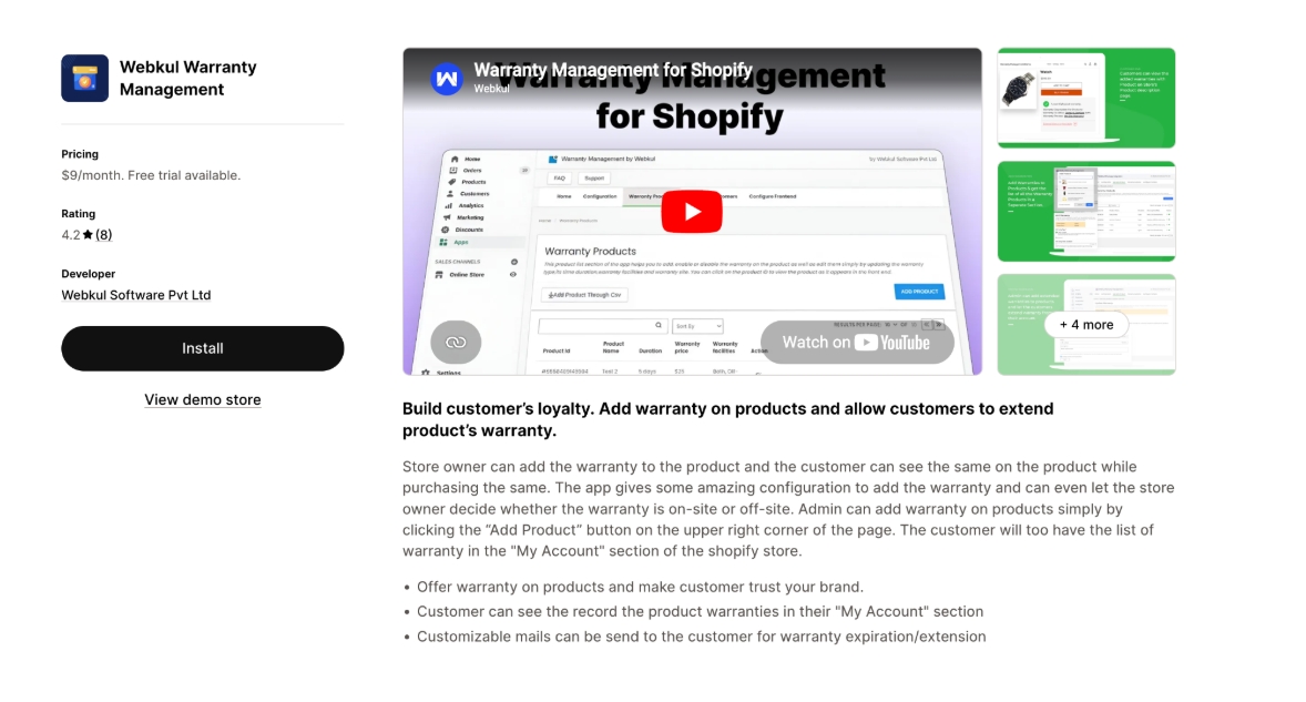 Webkul warranty management listing with product warranty interface previews.