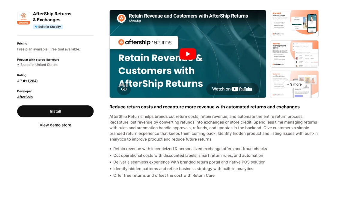AfterShip Returns and Exchanges listing with branded returns demo.