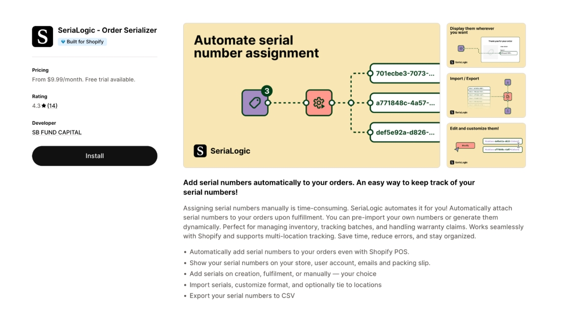 SeriaLogic order serializer listing featuring serial number automation and tracking.