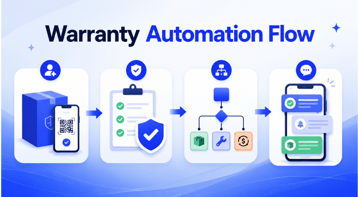 Warranty automation flow graphic with registration, verification, workflow routing, and notifications.