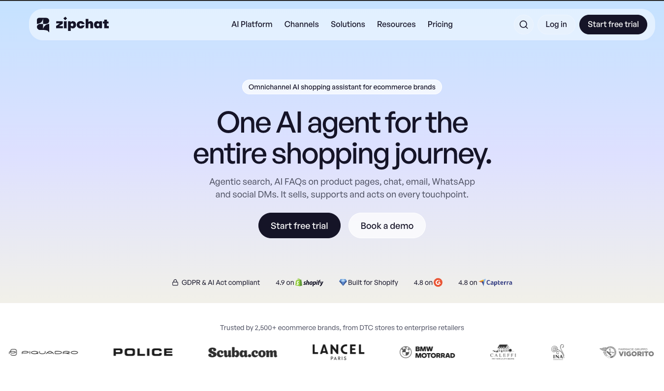 Zipchat homepage: one AI agent for the entire shopping journey