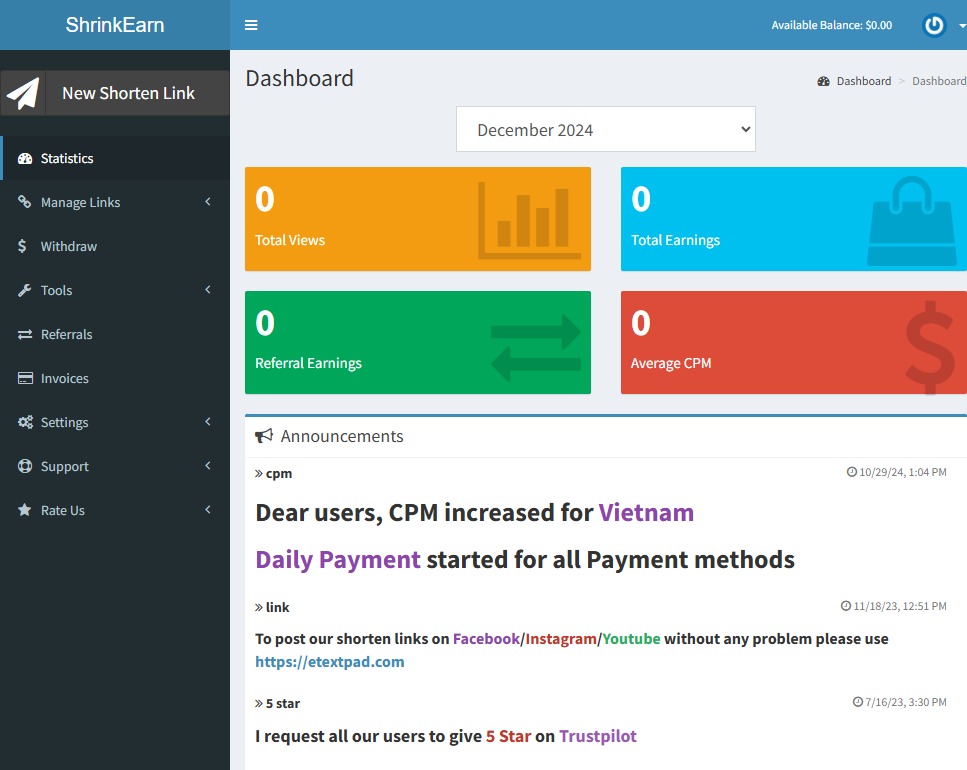 Dashboard ShrinkEarn