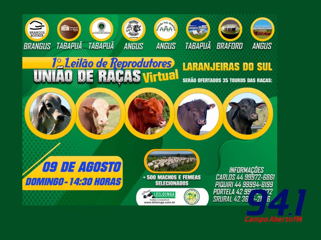 Laranjeiras do Sul - 1Â° leilÃ£o virtual de Reprodutores UniÃ£o de RaÃ§as serÃ¡ em  9 de agosto
