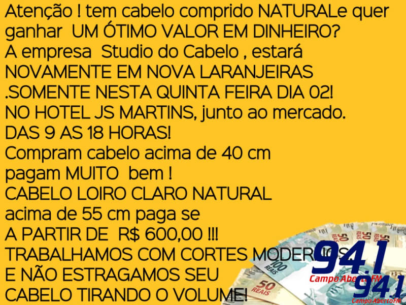 Studio do Cabelo de SC estarÃ¡ comprando cabelo nesta quinta feira (2) em Nova Laranjeiras