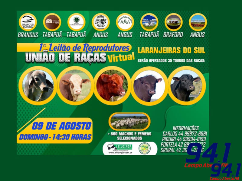 Laranjeiras do Sul - 1Â° leilÃ£o virtual de Reprodutores UniÃ£o de RaÃ§as serÃ¡ em  9 de agosto
