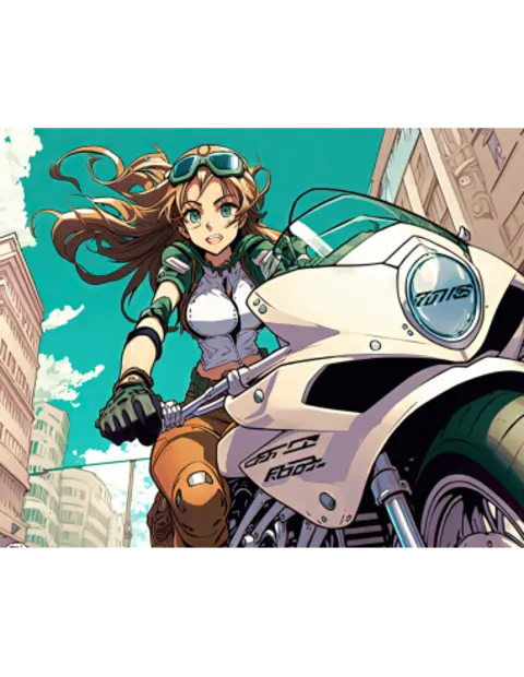 Plakatas „Miela anime mergina važiuoja su motociklu“ – anime plakatas | Framein