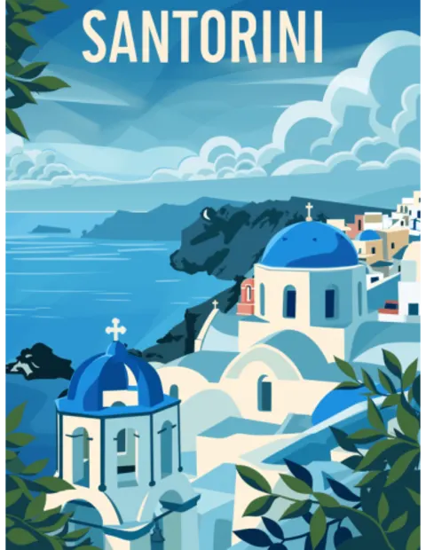 Kelionės plakatas „Santorini, Graikija“ – kelionių plakatas | Framein