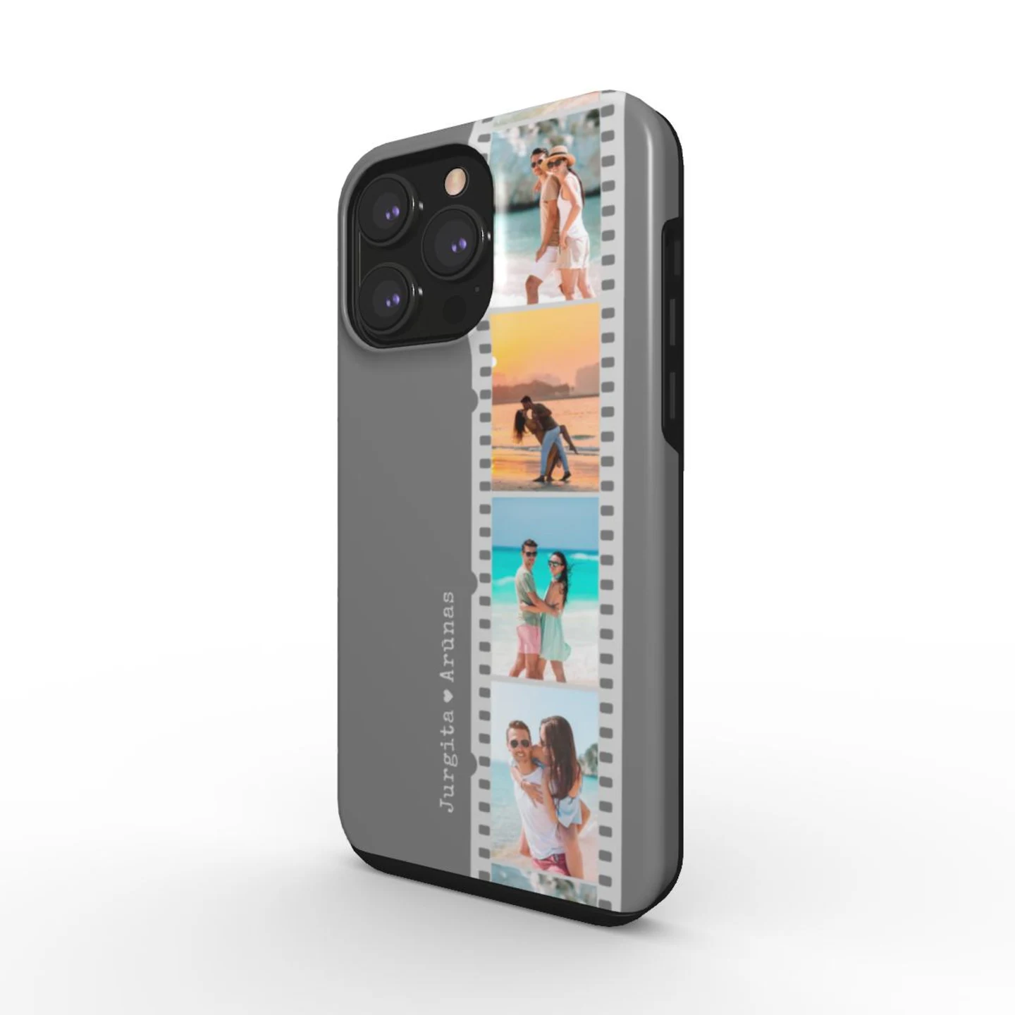 Personalisierte Handyhülle mit weißem Fotostreifen auf grauem Hintergrund