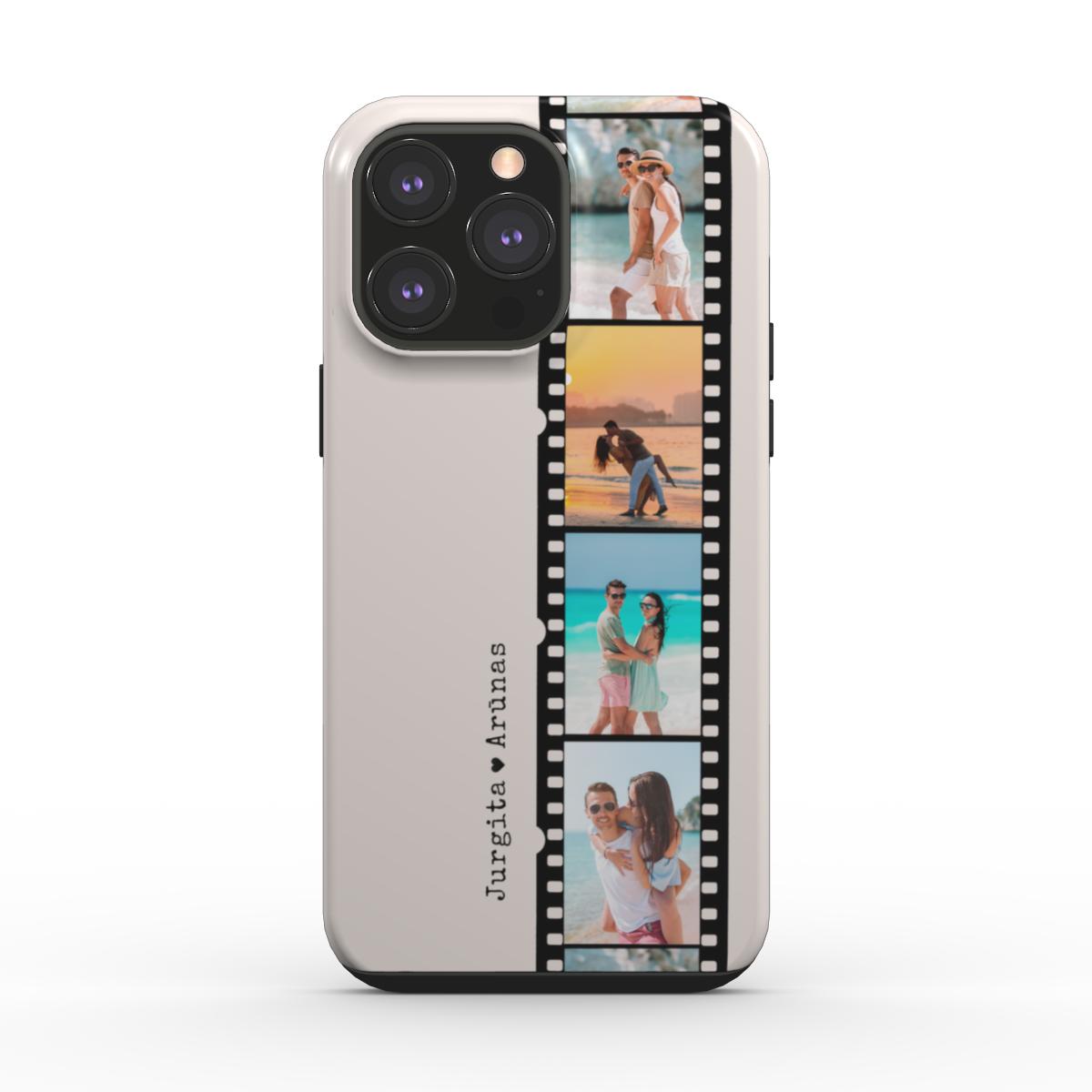 Personalisierte Handyhülle mit schwarzem Fotostreifen und cremefarbenem Hintergrund