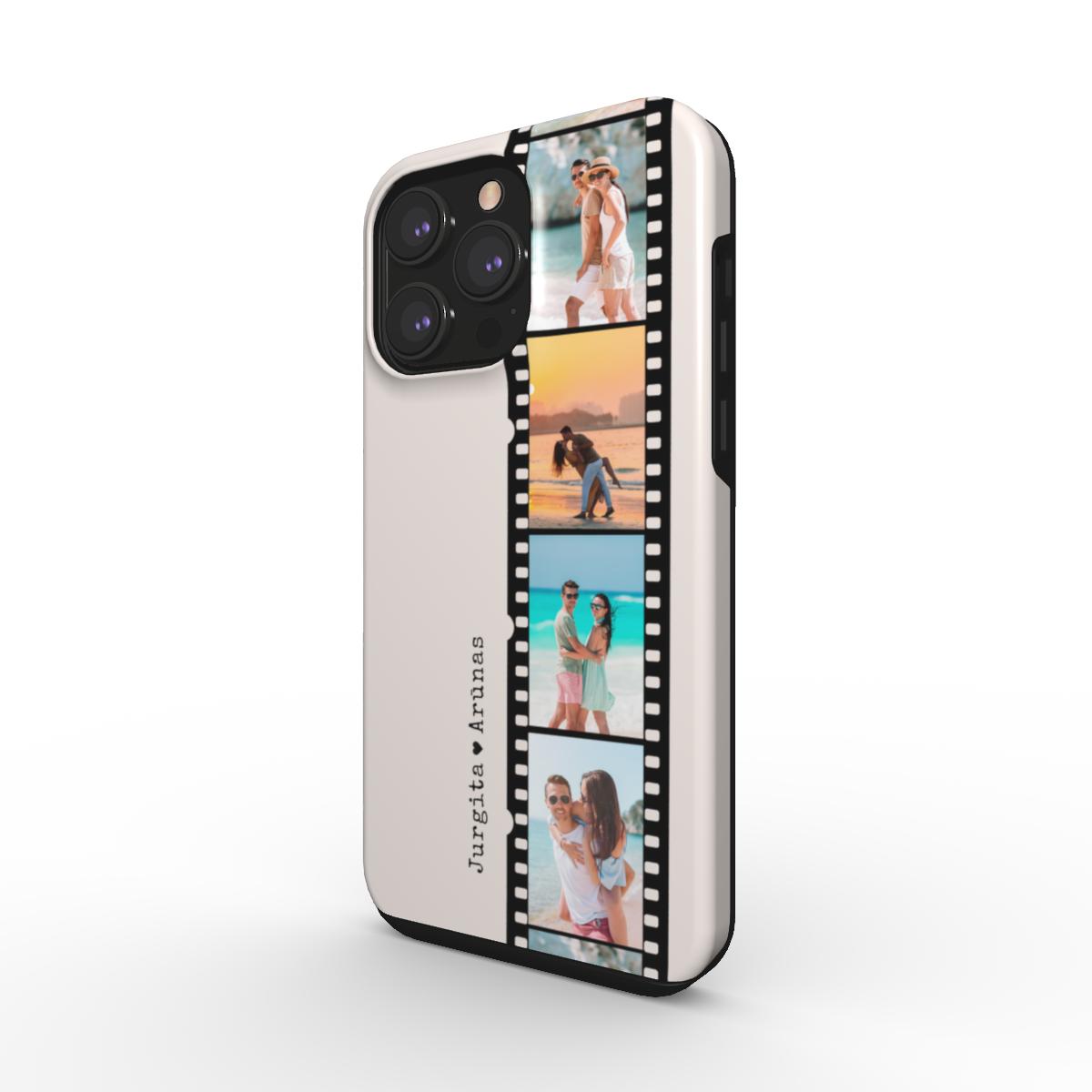 Personalisierte Handyhülle mit schwarzem Fotostreifen und cremefarbenem Hintergrund