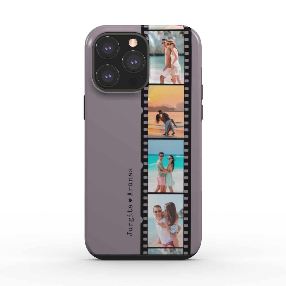Personalisierte Handyhülle mit schwarzem Fotostreifen und violettem Hintergrund