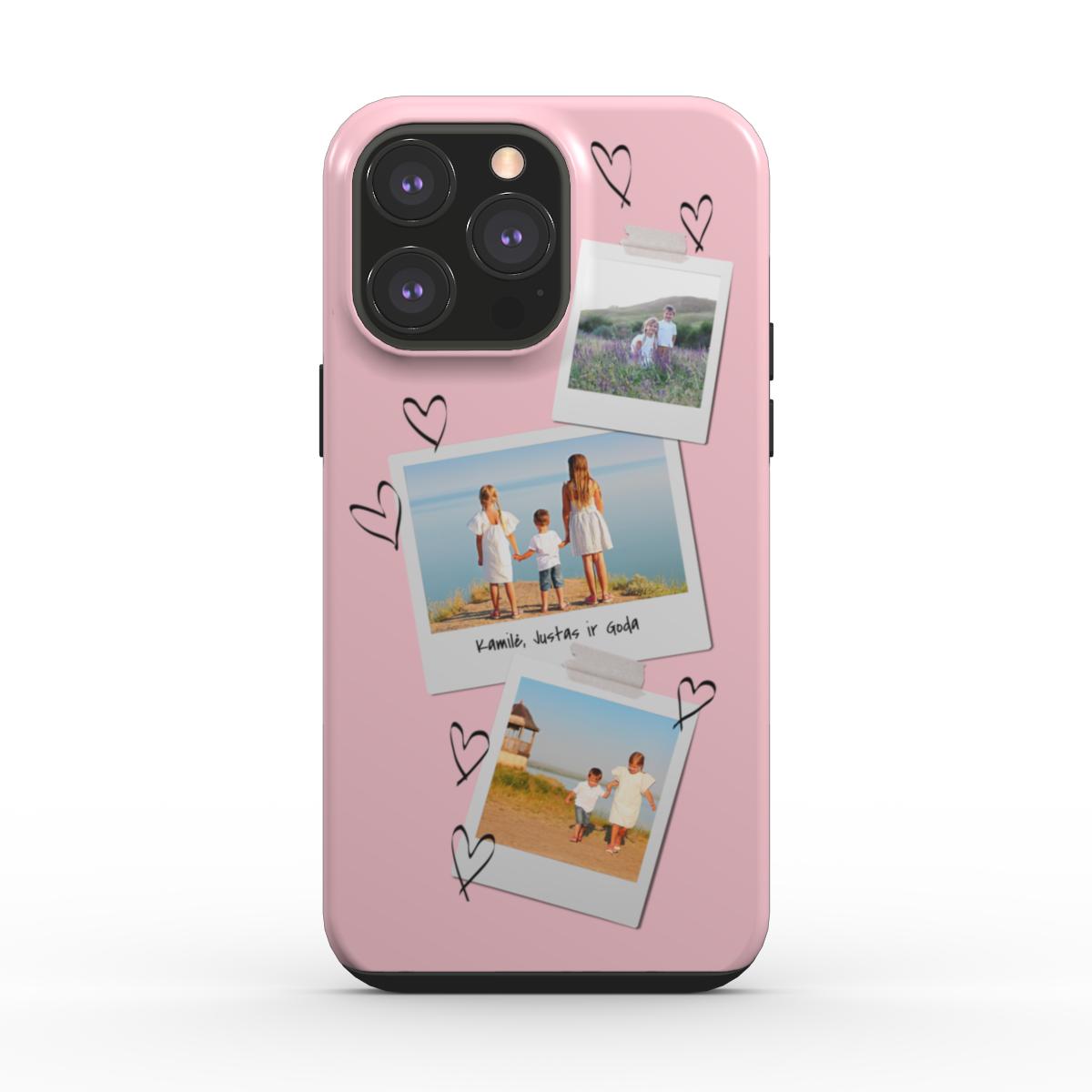 Personalizuotas telefono dėkliukas su trimis polaroid nuotraukomis ir širdelėmis
