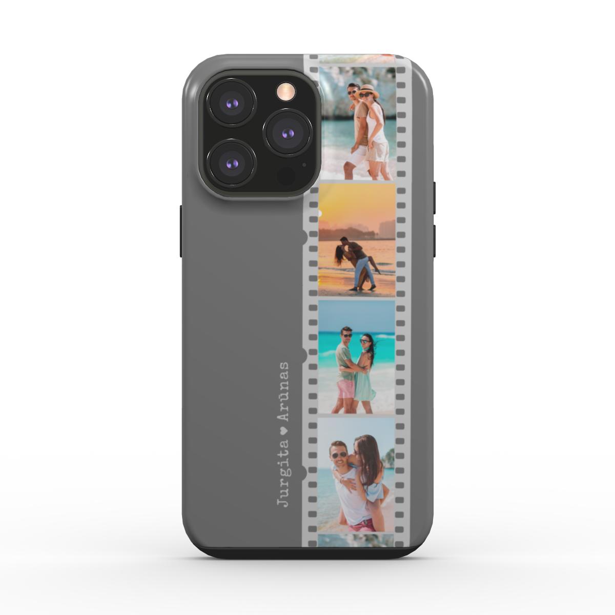 Personalizuotas dėkliukas su balta nuotraukų juosta pilkame fone