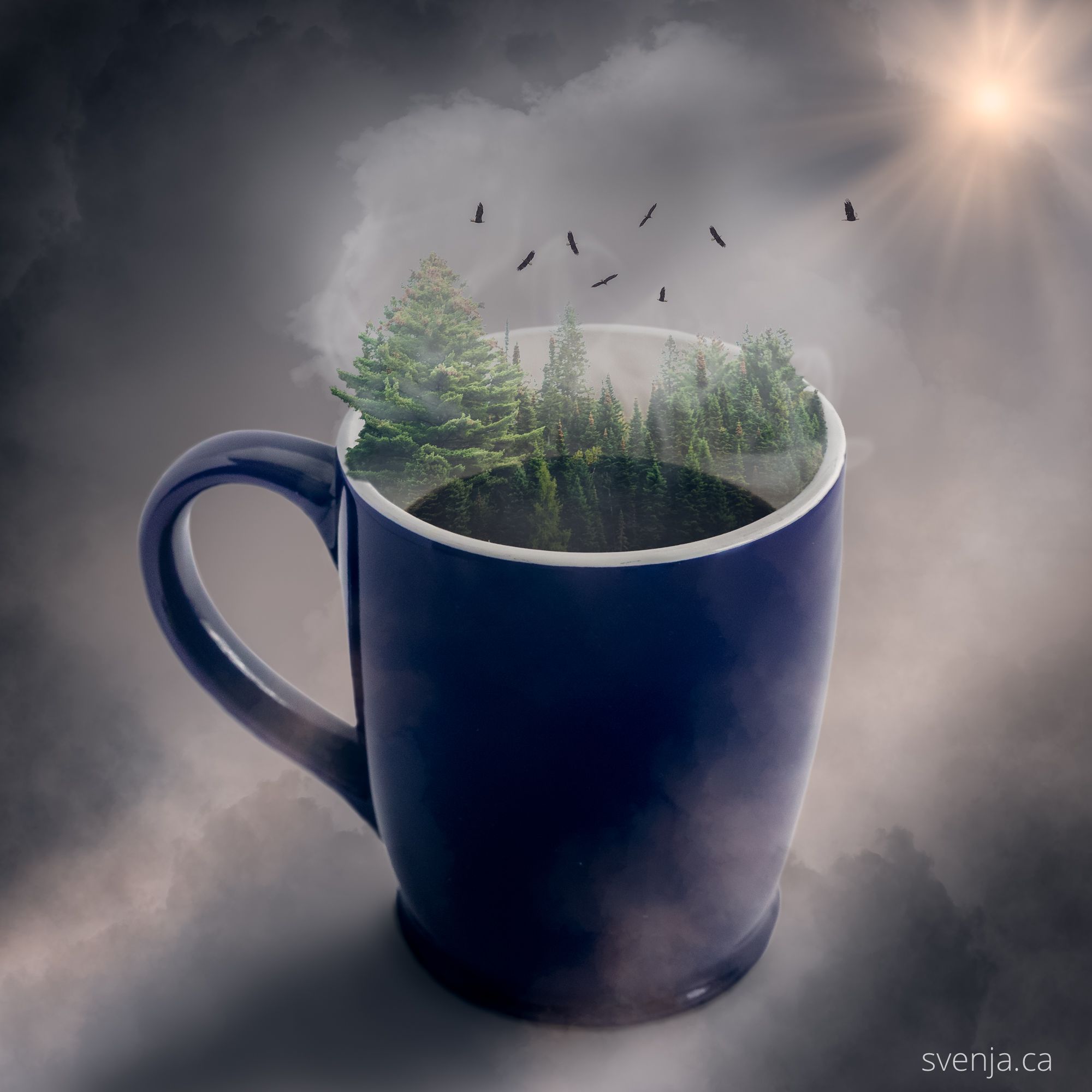 image of coffee cup with storm clouds coming passing by it