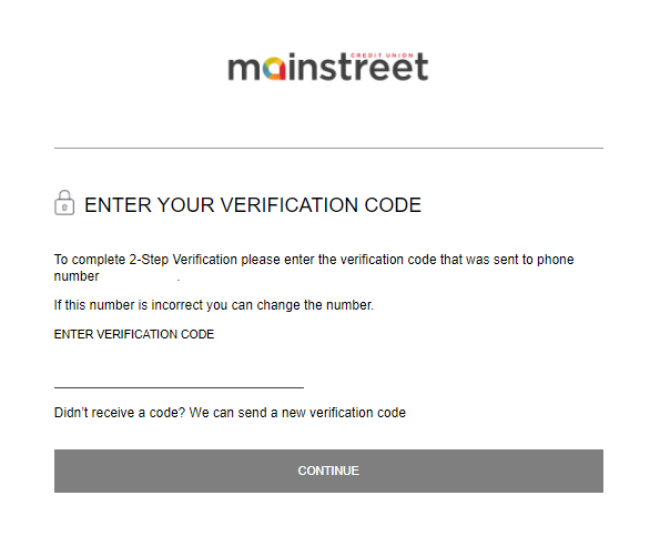 screenshot from Mainstreet to enter verification code