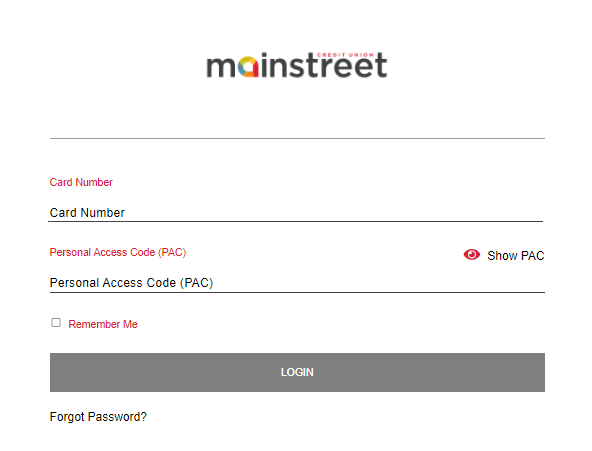 screenshot of Mainstreet banking login portal with 'Forgot Password?' link