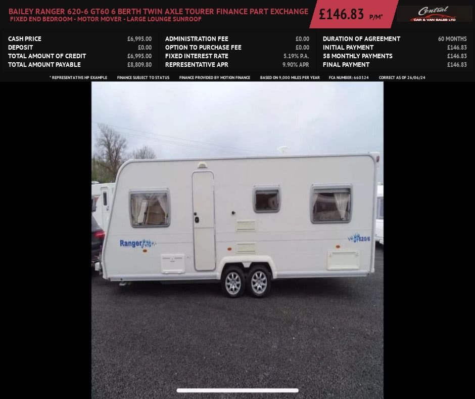 Bailey Ranger 620-6 Gt60 6 Berth Twin Axle Tourer Finance...