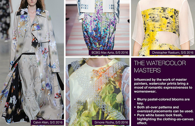 Seen of #WeConnectFashion courtesy of #Trendstop, Runway SS 2016 prints, The Watercolor Masters trend board