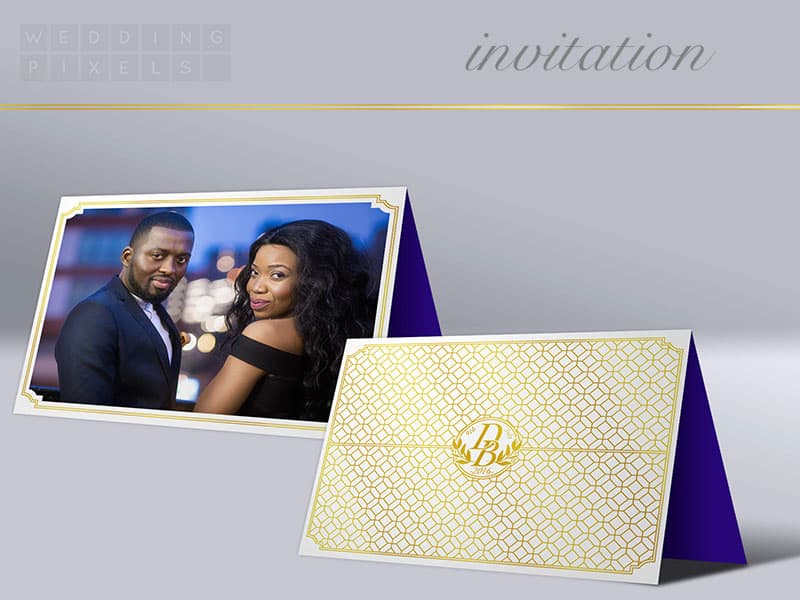 wedding invitation with engagement photo and custom designed logo