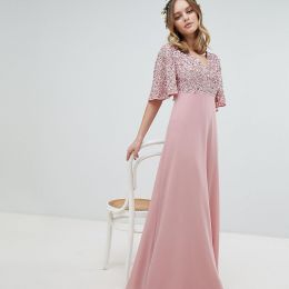 Maya Petite - Maxi-Brautjungfernkleid mit Pailletten am Oberteil und Flatterärmeln - Rosa
