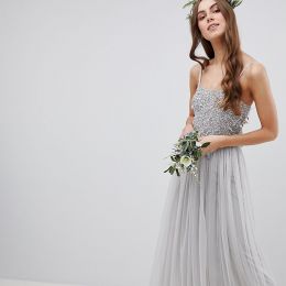 Maya Tall - Langes Brautjungfernkleid mit Paillettenoberteil, Tülleinsatz und Camisole-Trägern - Grau