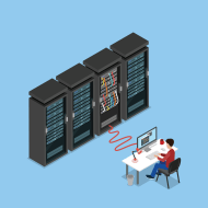 System Administrator working on computer, connected to server rack vector illustration