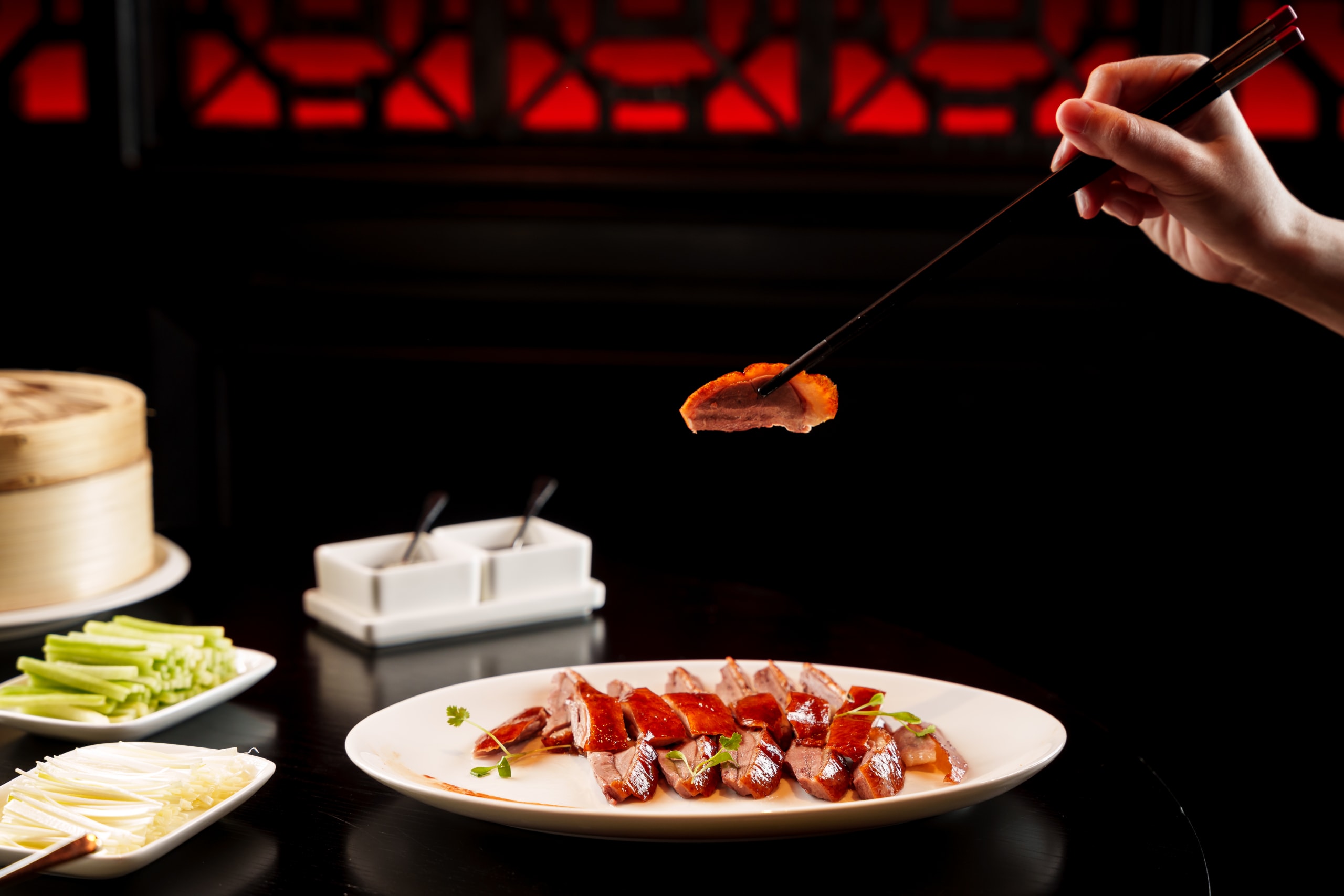 Yu Ge Peking Duck  Garnished Plated Duck  Action Shot Side Angle 7