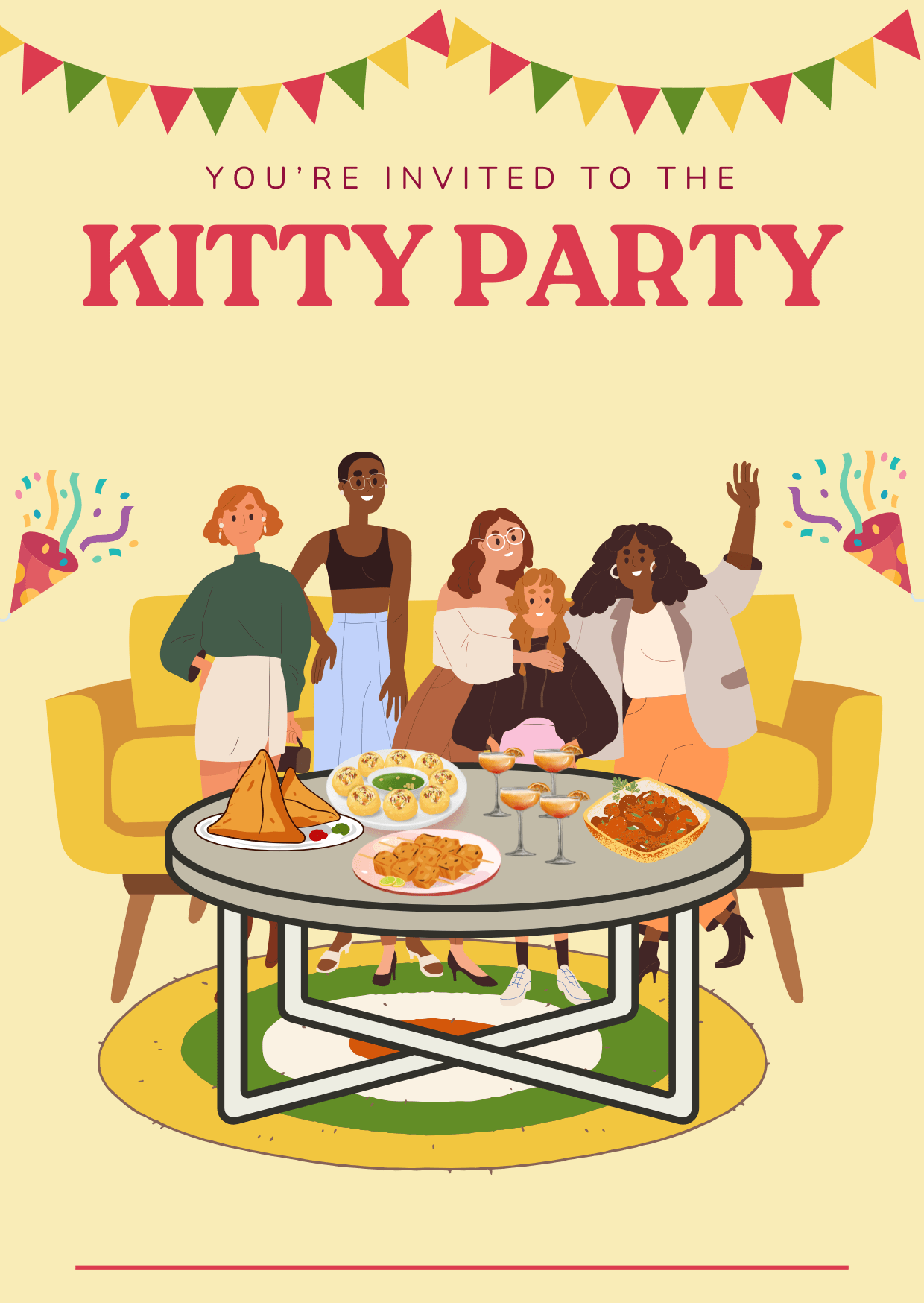 Yellow and Pink Illustrated Kitty Party Invitation