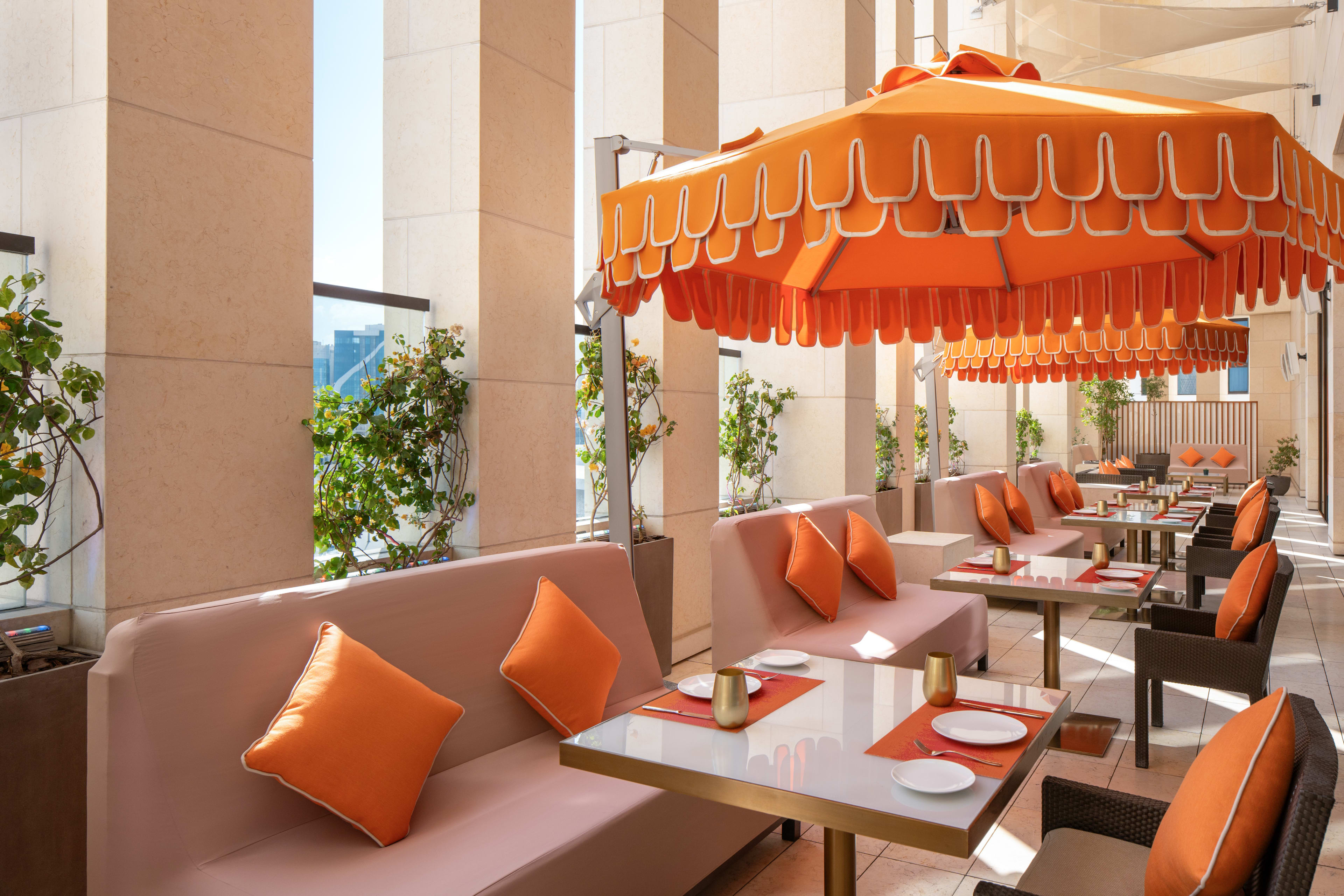 Dohph Opus Restaurant Terrace Orange Umbrellas (2)