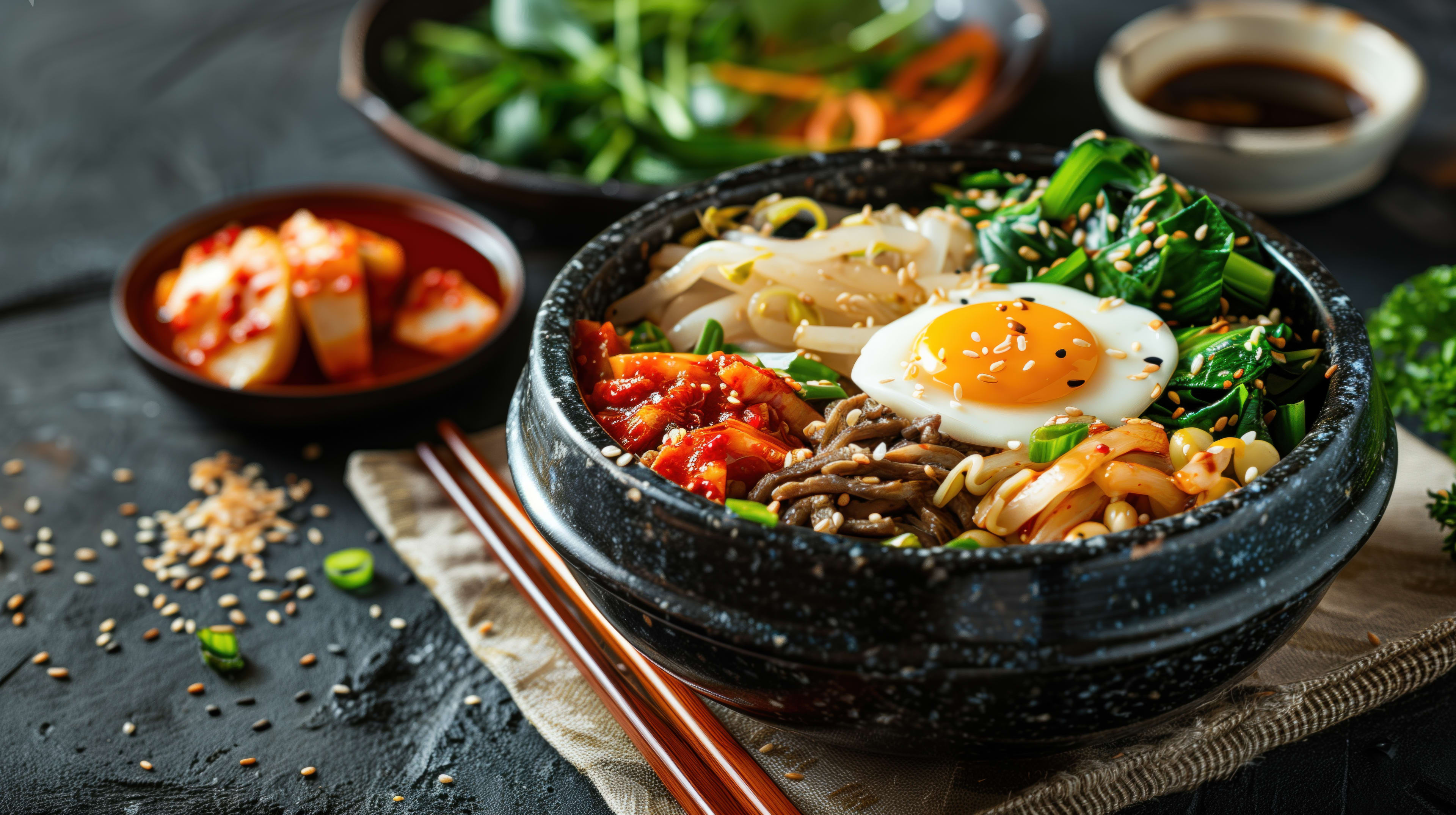 Delicious Bibimbap Served Hot Stone Bowl With Side Dishes