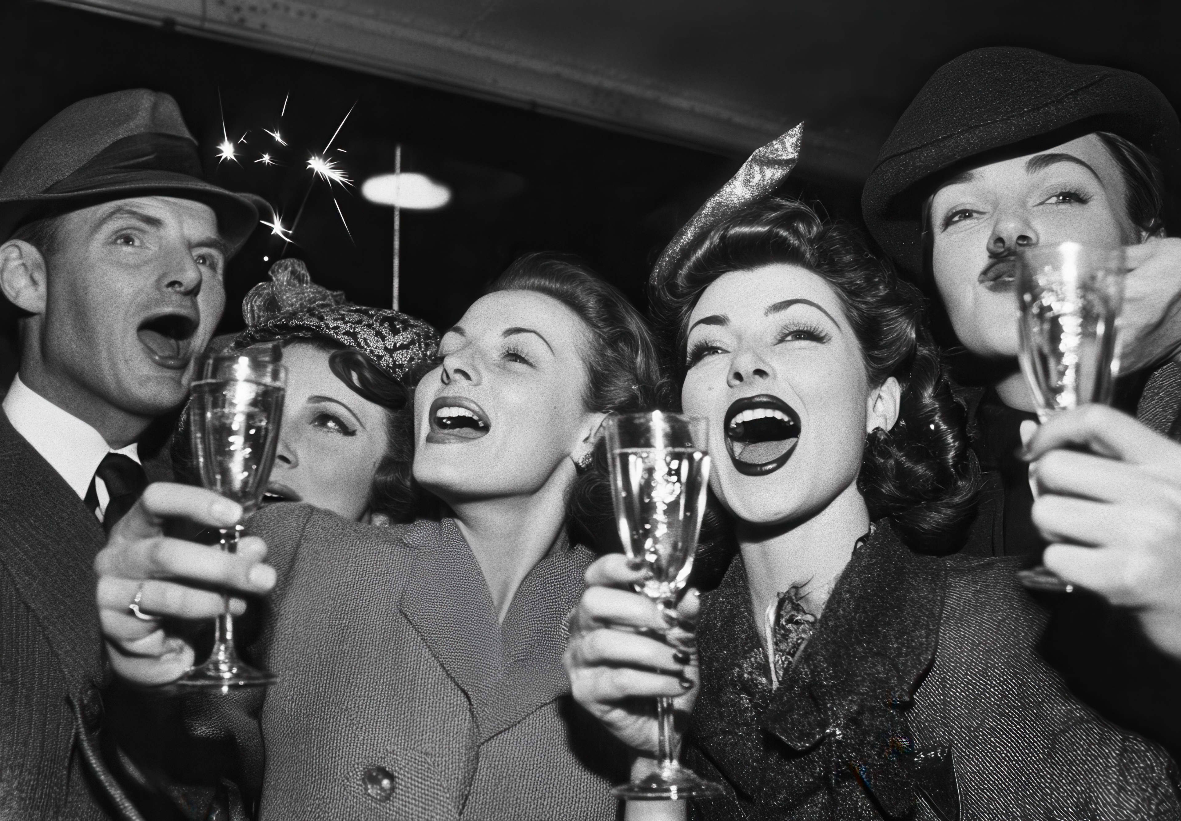 Friends With Sparklers Smile New Years Party Enjoying Evening Together