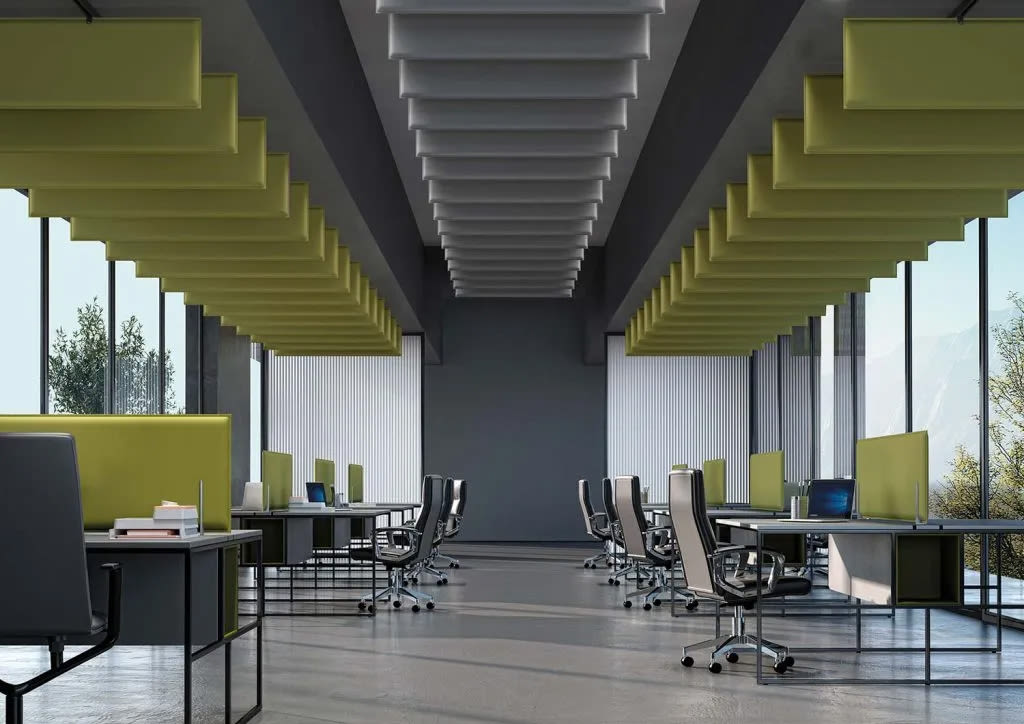 Snowsound-Up Caimi in open space con pannelli fonoassorbenti a soffitto