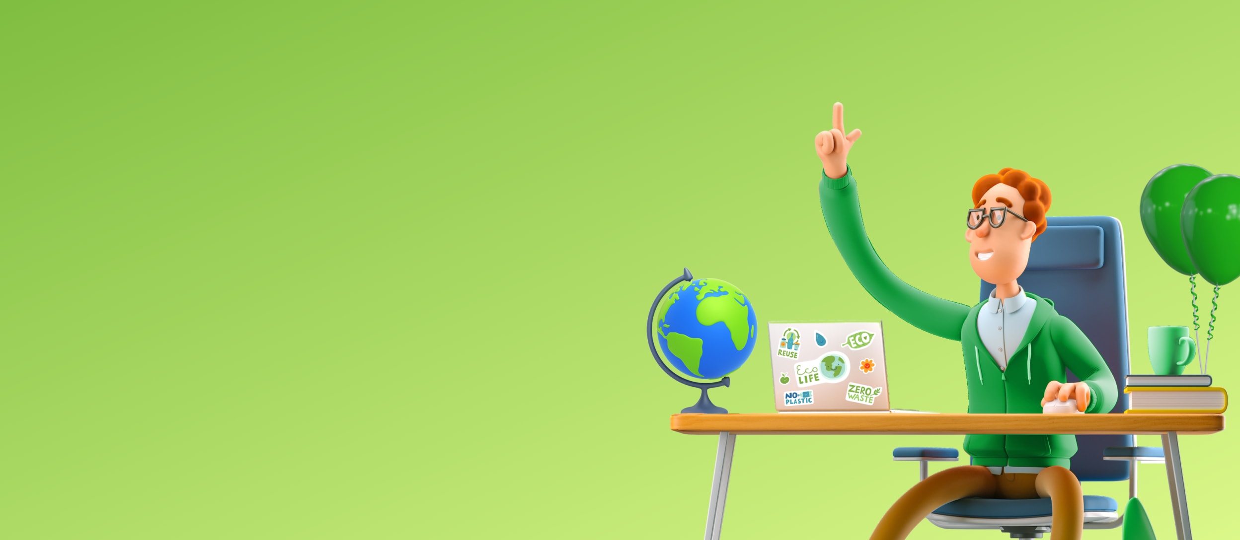 An employee wearing a green hoodie at a desk next to a globe and green ballons raising their hand to answer a question for Confetti's Virtual Environmental Trivia