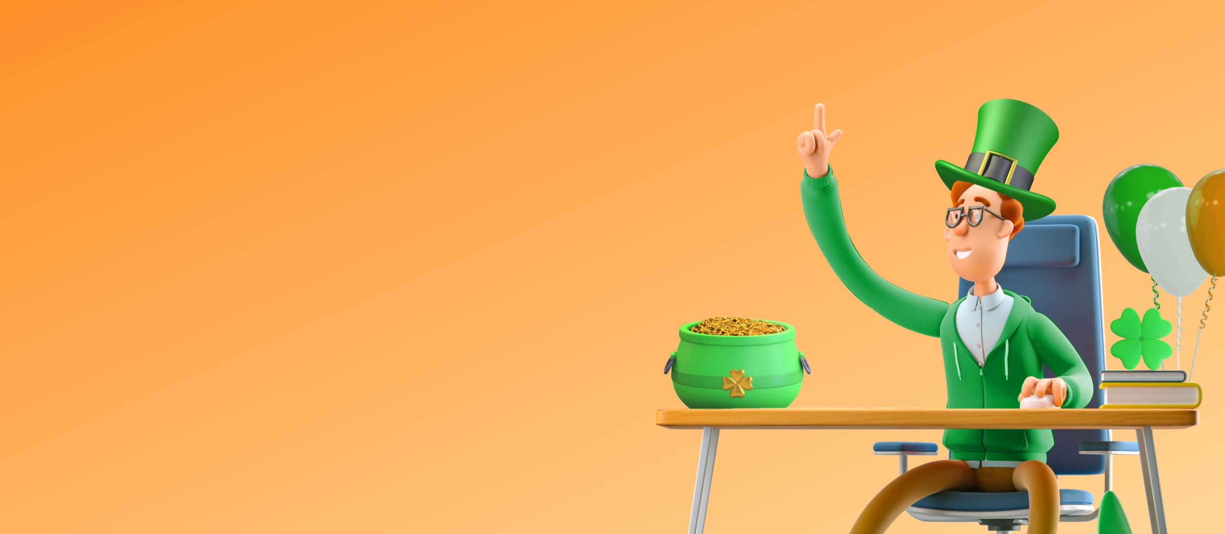 A 3d cartoon employee wearing a green top hat sitting at their desk next to a pot of gold for Confetti's Virtual Team Trivia Games