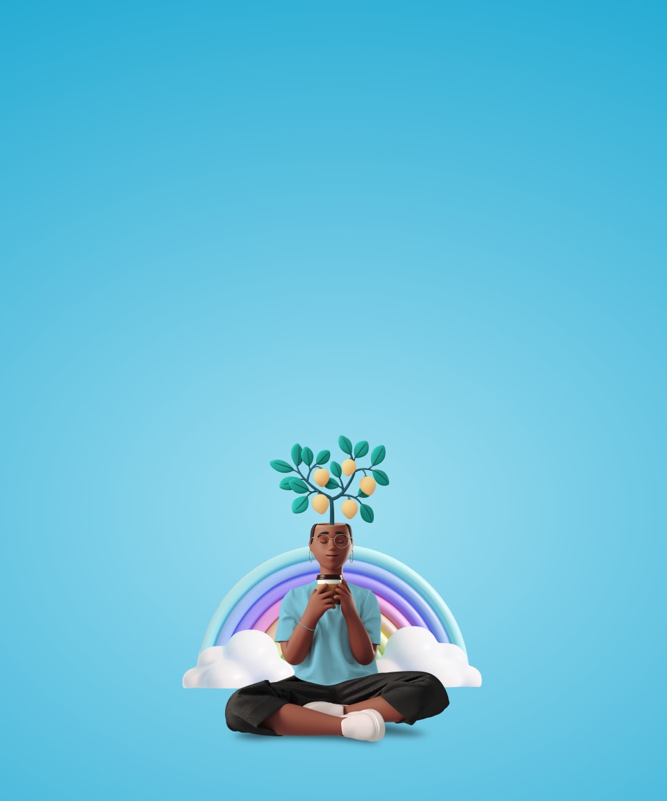 A relaxed, smiling person sitting cross-legged holding a cup of coffee with a big lemon tree sprouting out of their head with a rainbow behind them for Confetti's Virtual Mindfulness Class