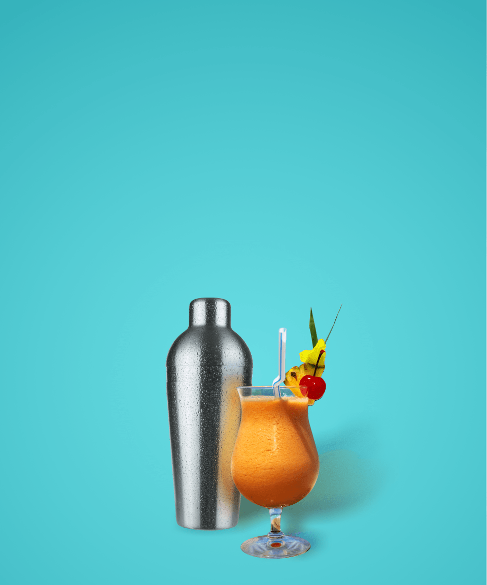 A fruity summer cocktail in front of a metal shaker for Confetti's Virtual Summer Mixology Class