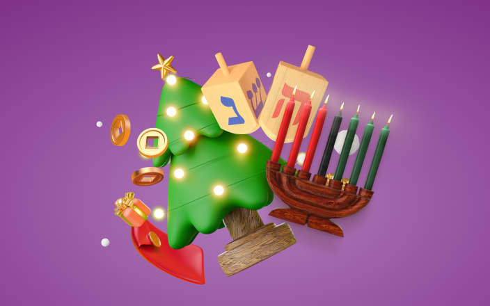 Gold coins, dreidels, a Christmas tree, menorah, and other holiday items for Confetti's Virtual Winter Holidays Around the World