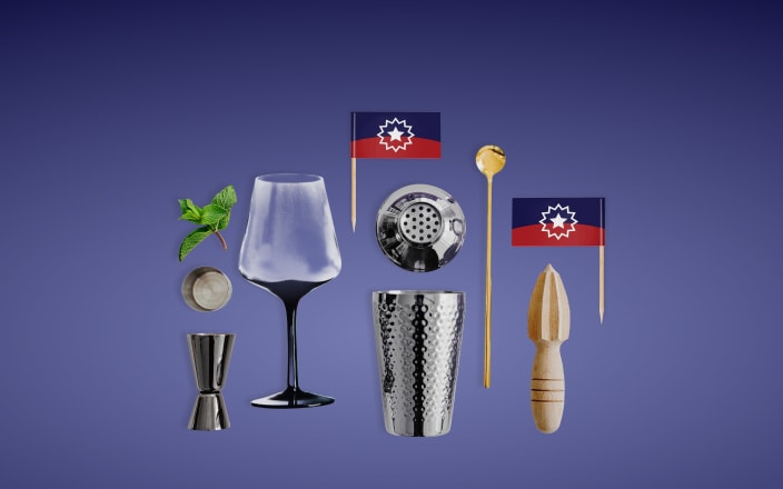 Bar accessories, cocktail glass, and Juneteenth flag (preview)