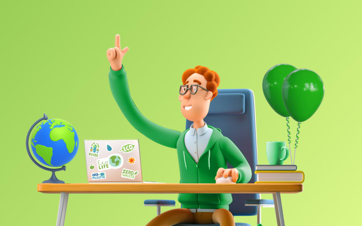 An employee wearing a green hoodie at a desk next to a globe and green ballons raising their hand to answer a question for Confetti's Virtual Environmental Trivia