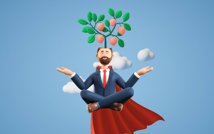 A business man sitting cross-legged with a tree sprouting out of his head, wearing a cape and floating in the clouds for Confetti's Virtual Leadership Workshop