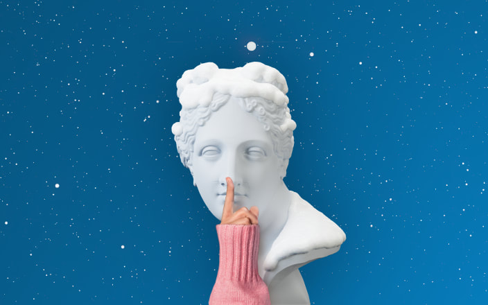 A bust in front of snow with an arm in a sweater making a be quiet gesture for Confetti's Holiday Taboo (Preview)