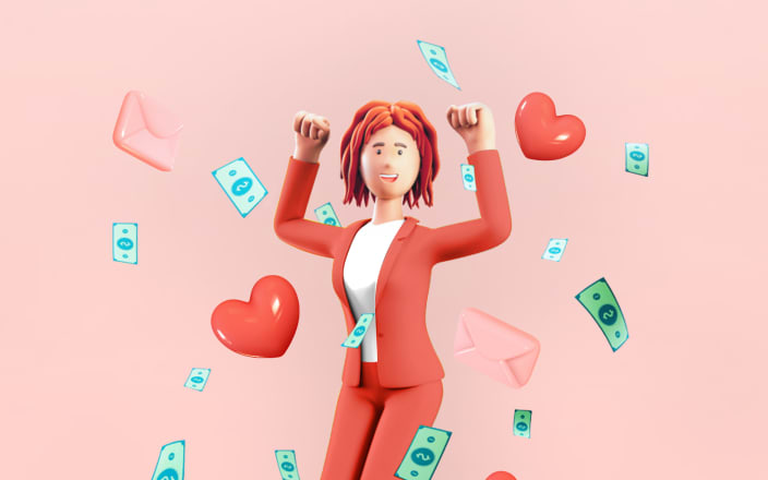 Money, hearts, and love letters surrounding a dancing businesswoman for Confetti's Virtual Valentine's Jeopardy