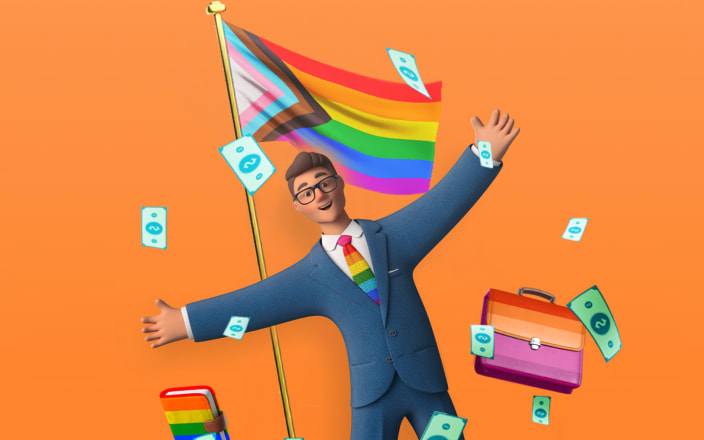 Employee jumping for joy next to a Pride flag and rainbow briefcase for Confetti's Virtual Pride Jeoparty