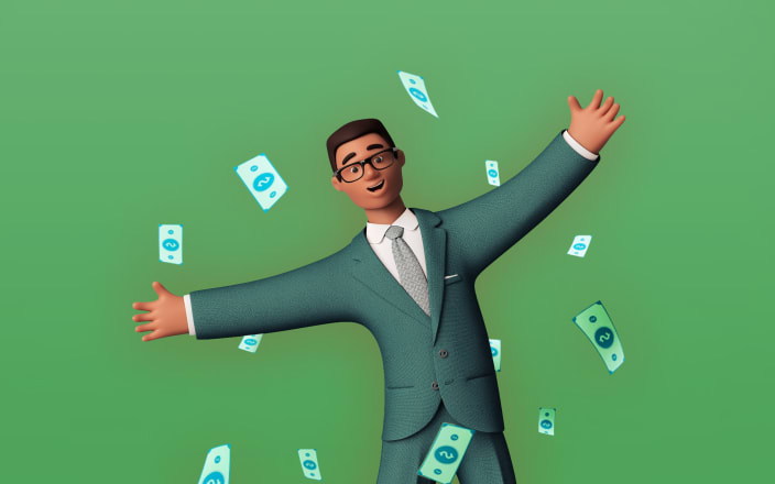 Businessman jumping with flying bills (preview)
