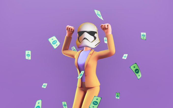 Money falling around a businesswoman wearing a Storm Trooper helmet for Confetti's Star Wars Jeopardy (Preview)