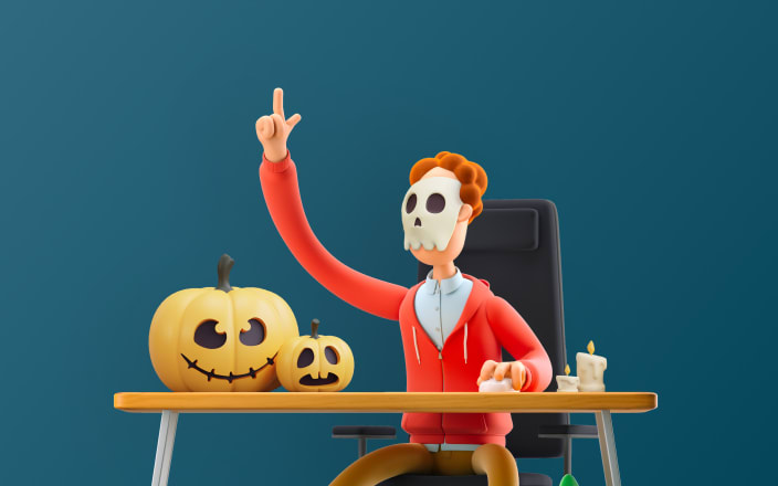 Man wearing a skull mask at a desk with pumpkins (preview)