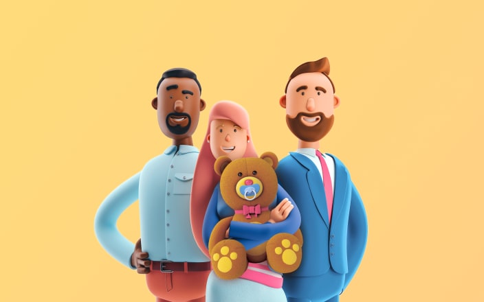 Three employees standing and smiling with one holding a big teddy bear for Confetti's Virtual Baby Shower Family Feud