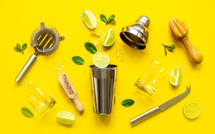 A cocktail shaker, strainer, knife, ice, a rocks glass, a scooper, sprigs of herbs, and slices of limes, all spread out for Confetti's BYO Mixology Class Team Building