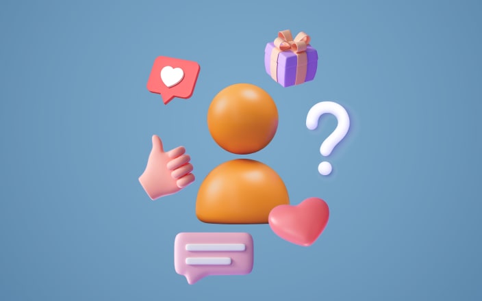 An anonymous silhouette surrounded by hearts, gifts, speech bubbles, and thumbs up for Confetti's Virtual Team Recognition