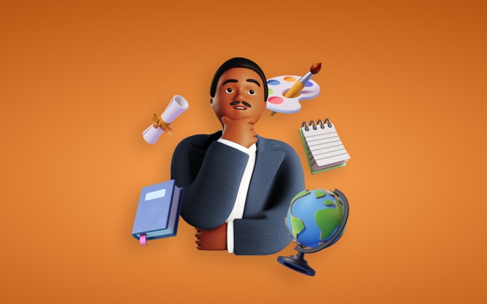 A cartoon illustration of MLK surrounded by a diploma, book, globe, a paint palette, and a notebook for Confetti's Virtual MLK Class